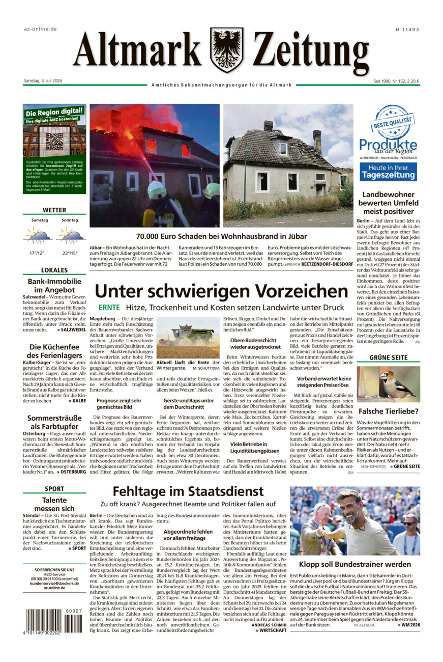 Altmark Zeitung vom Samstag, 04.07.2026