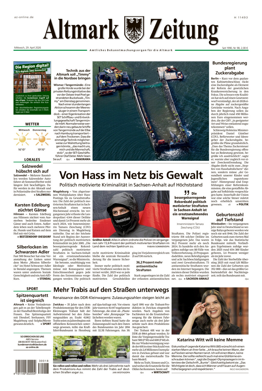 Altmark Zeitung vom Mittwoch, 29.04.2026