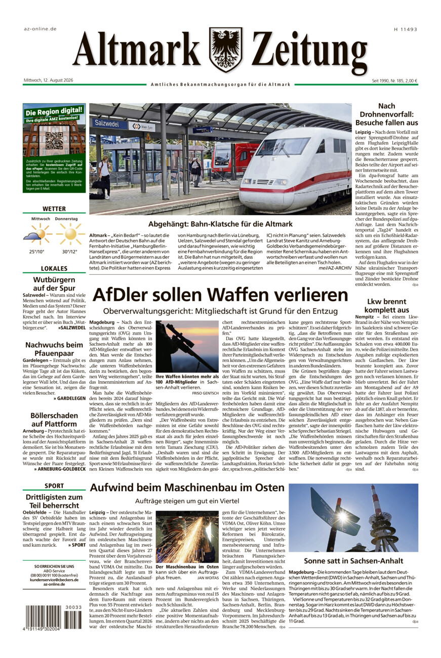 Altmark Zeitung vom Mittwoch, 12.08.2026