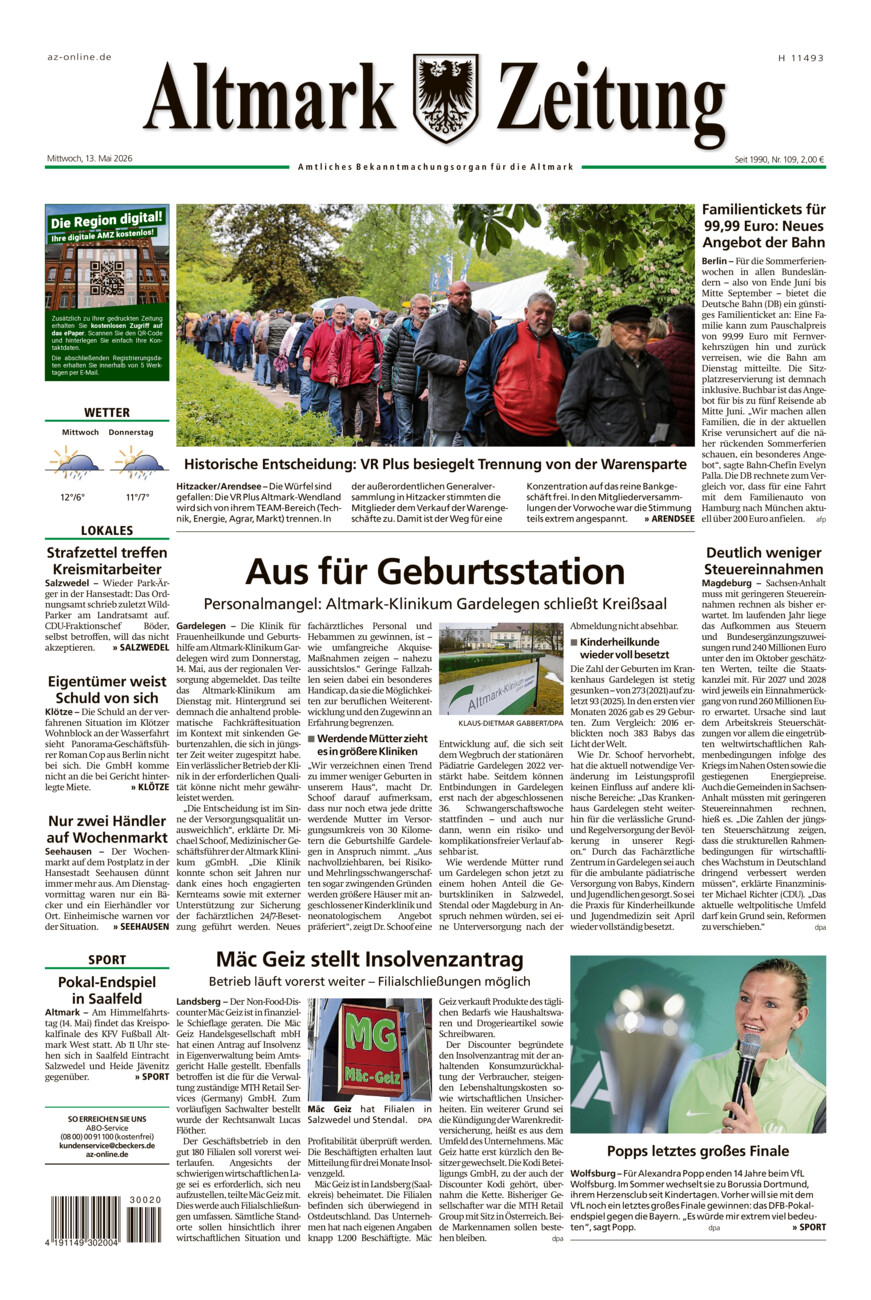 Altmark Zeitung vom Mittwoch, 13.05.2026