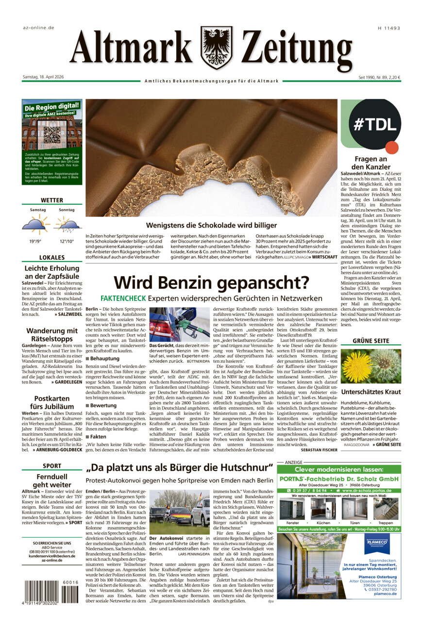 Altmark Zeitung vom Samstag, 18.04.2026