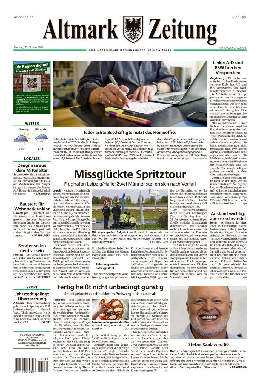 Altmark Zeitung vom Dienstag, 20.10.2026