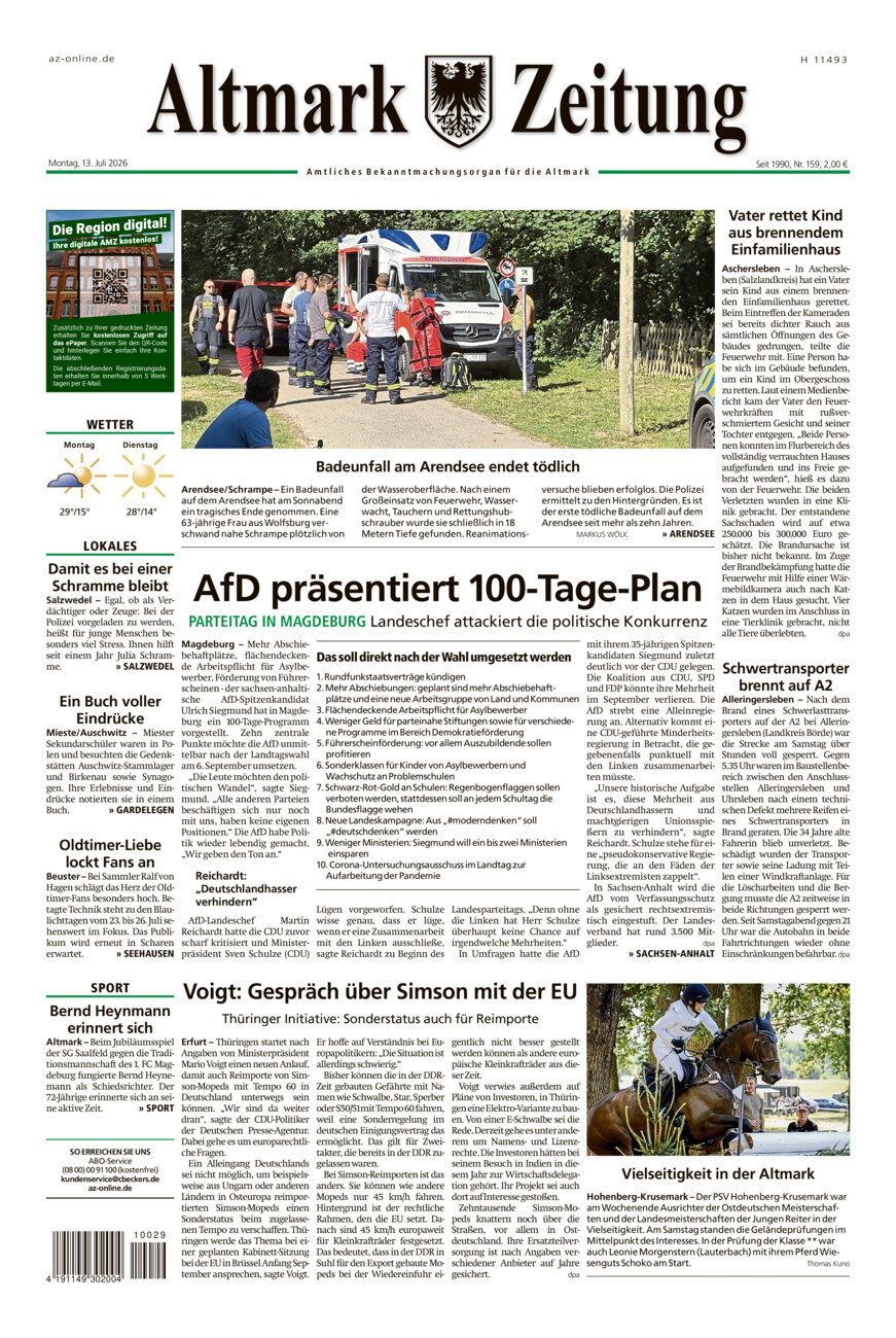 Altmark Zeitung vom Montag, 13.07.2026