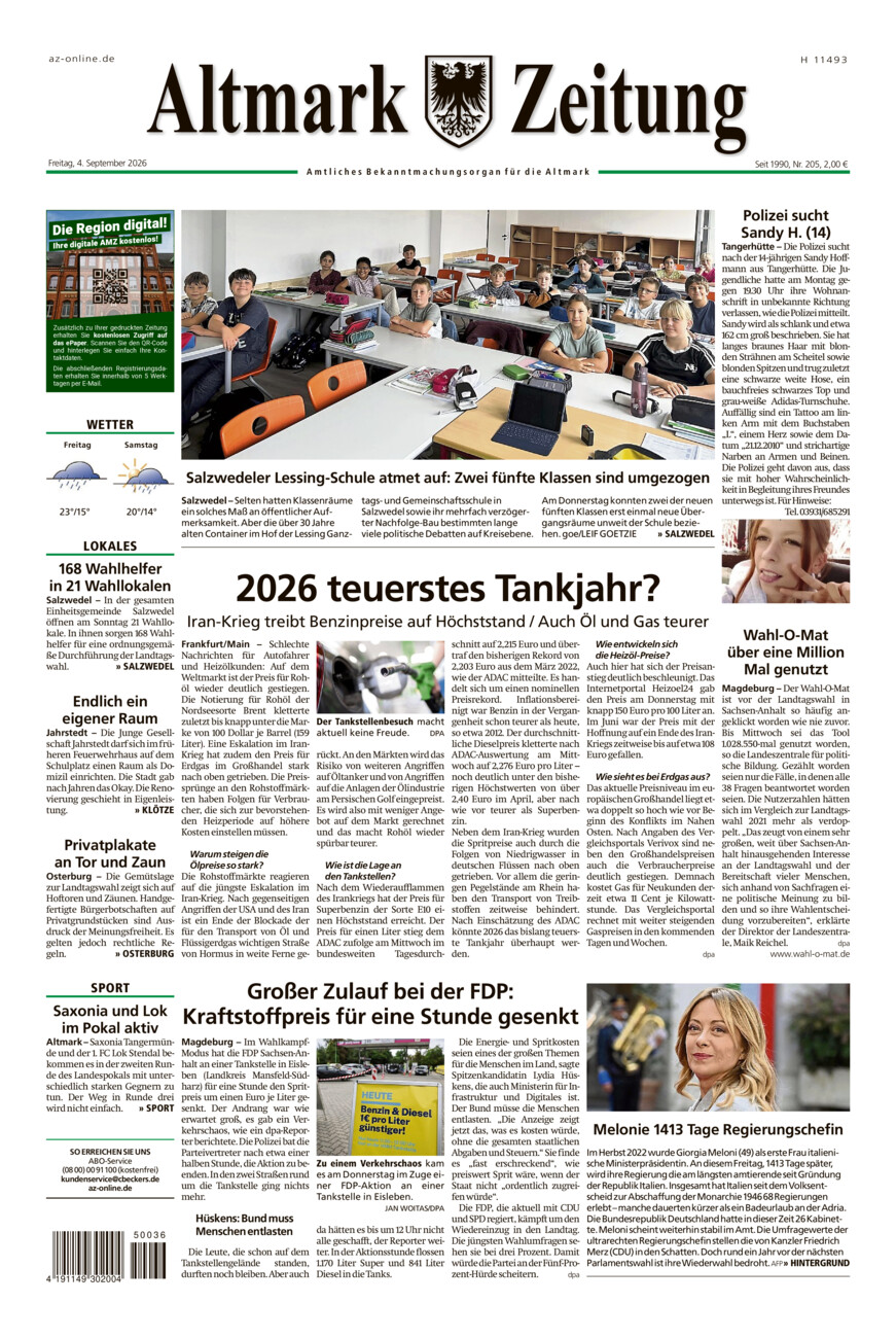 Altmark Zeitung vom Freitag, 04.09.2026