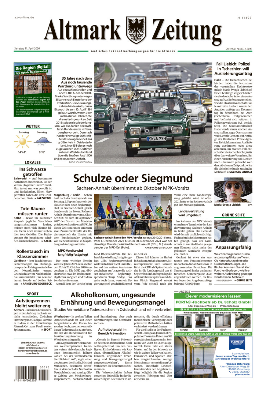 Altmark Zeitung vom Samstag, 11.04.2026