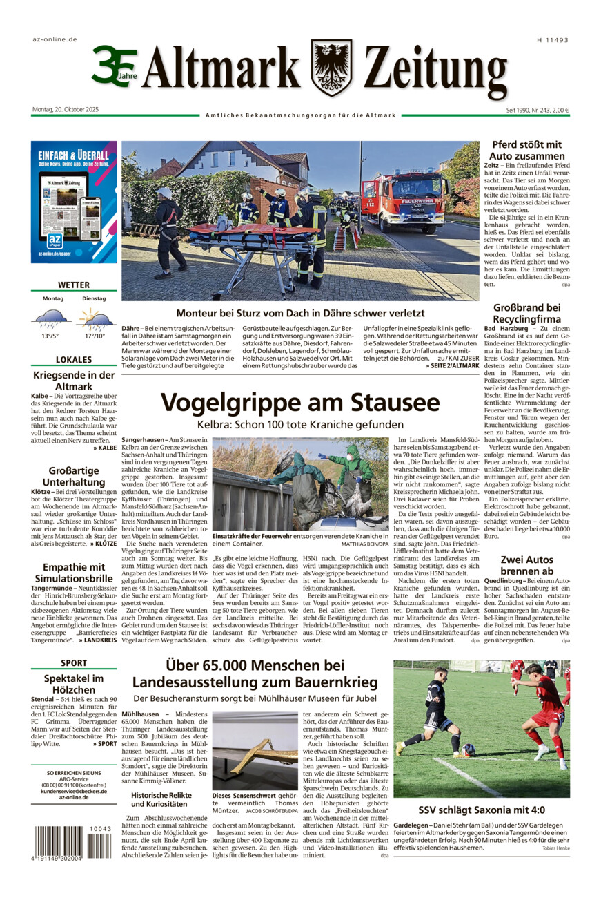 Altmark Zeitung vom Montag, 20.10.2025