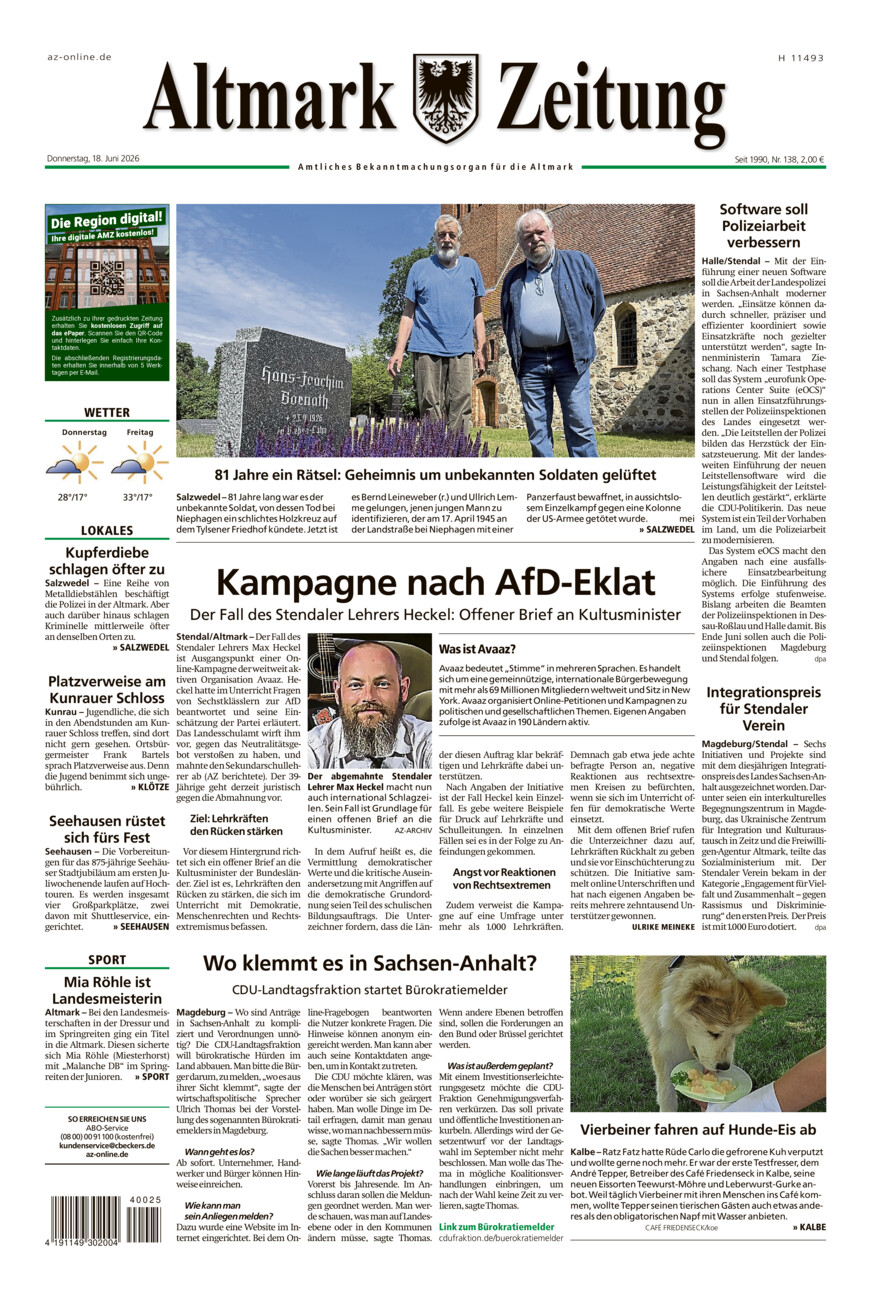 Altmark Zeitung vom Donnerstag, 18.06.2026