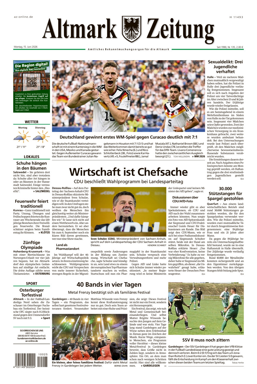 Altmark Zeitung vom Montag, 15.06.2026