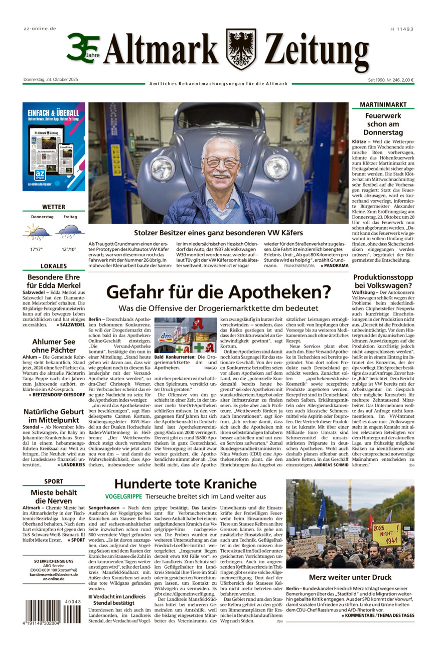Altmark Zeitung vom Donnerstag, 23.10.2025