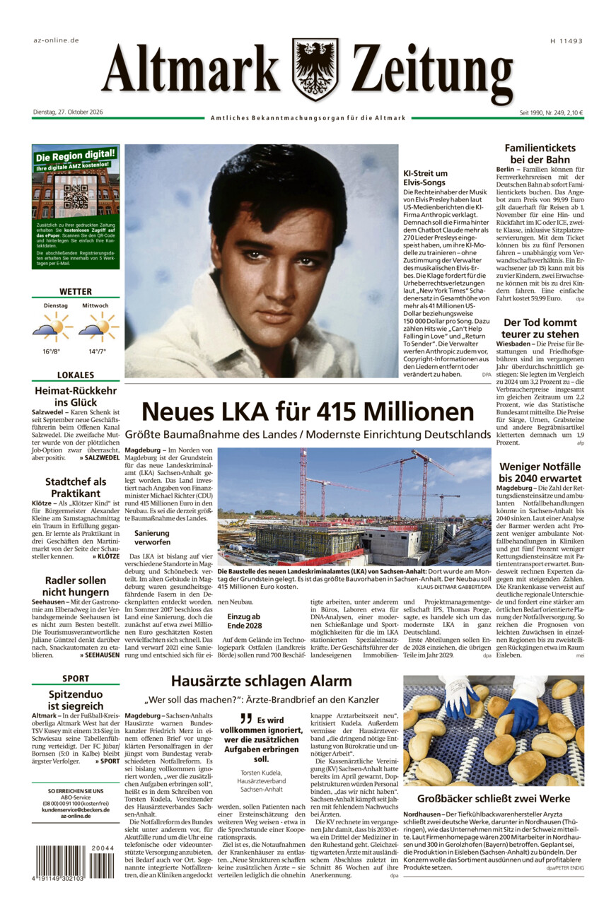 Altmark Zeitung vom Dienstag, 27.10.2026