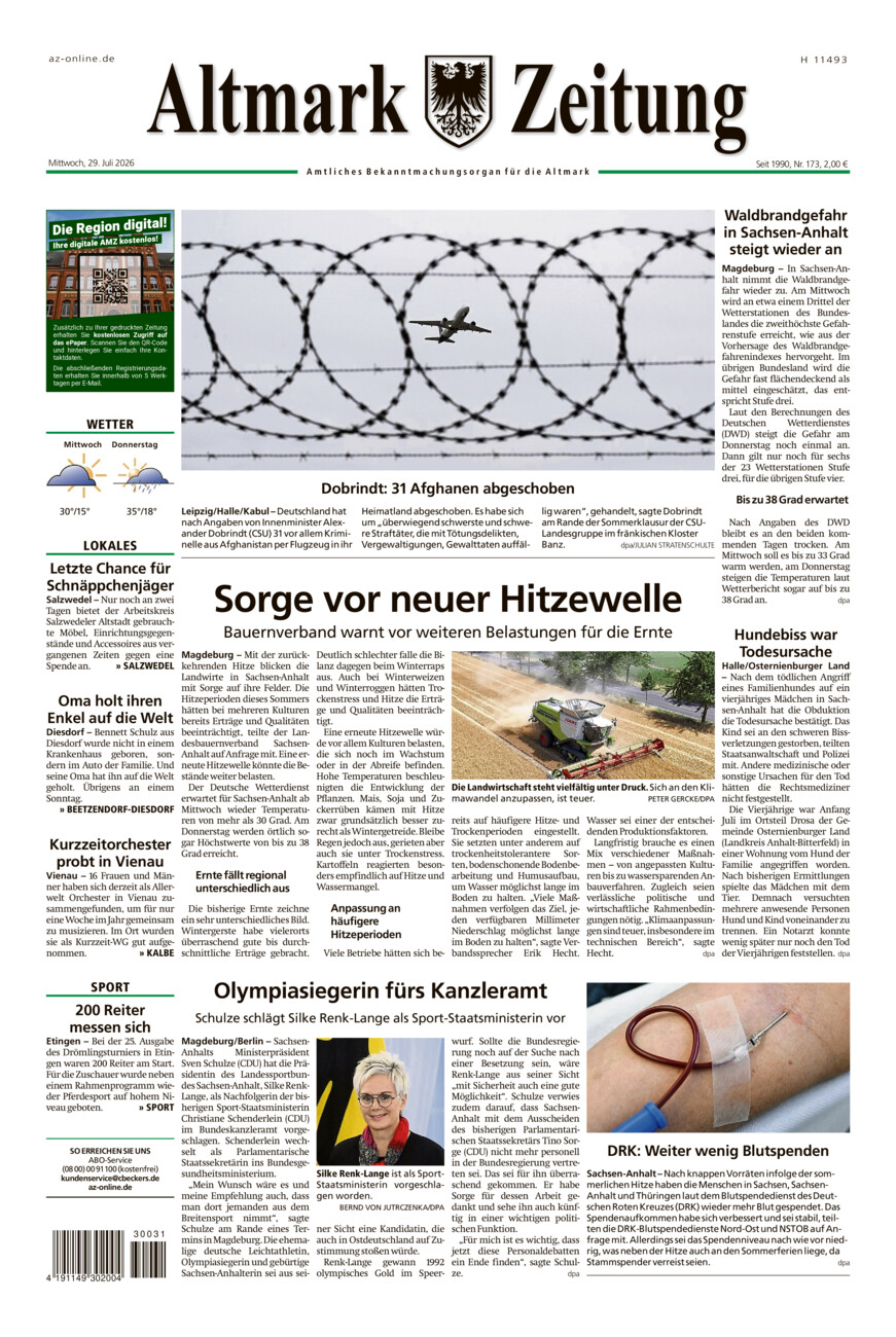 Altmark Zeitung vom Mittwoch, 29.07.2026