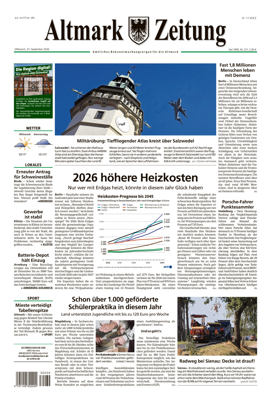 Altmark Zeitung vom Mittwoch, 23.09.2026