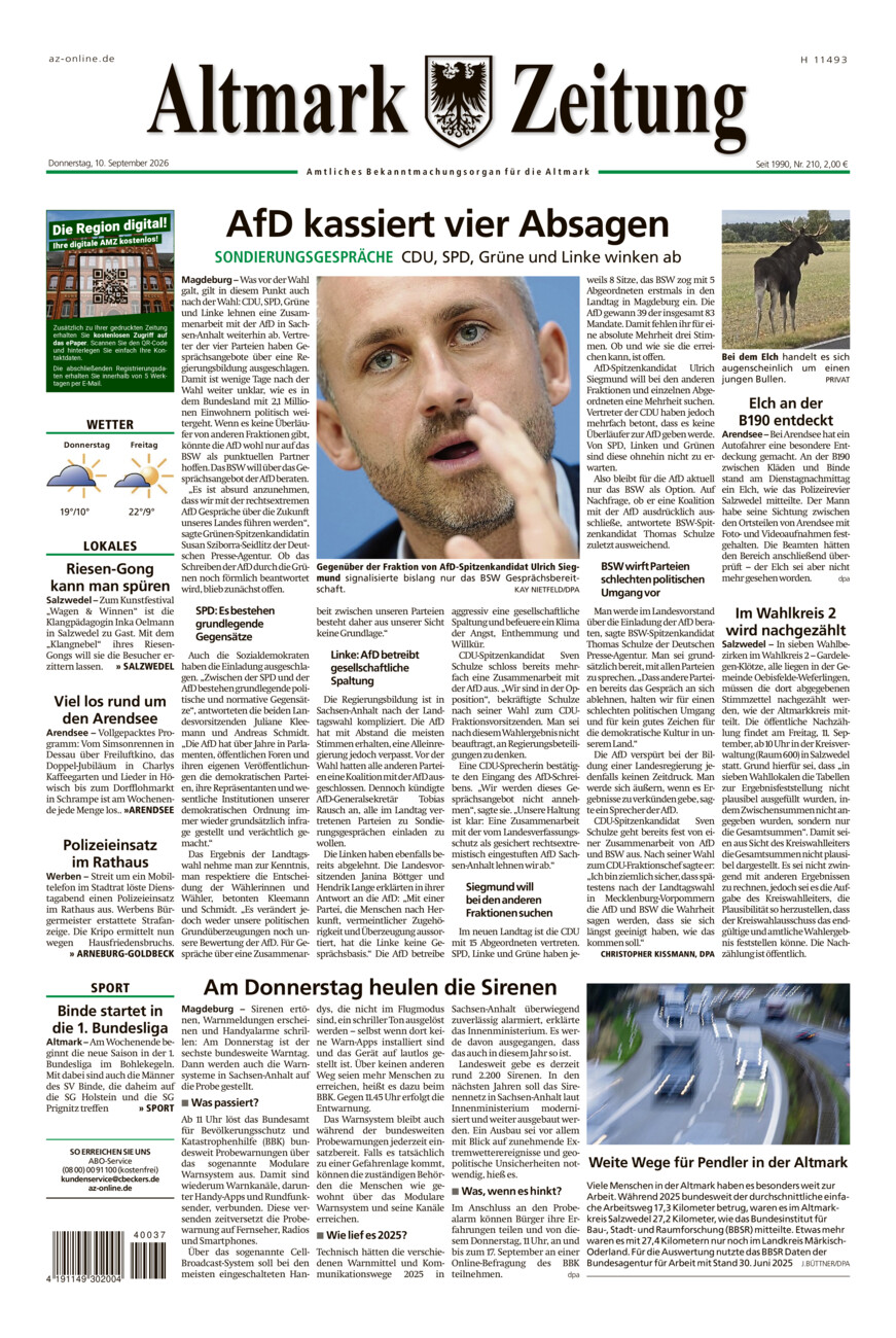 Altmark Zeitung vom Donnerstag, 10.09.2026