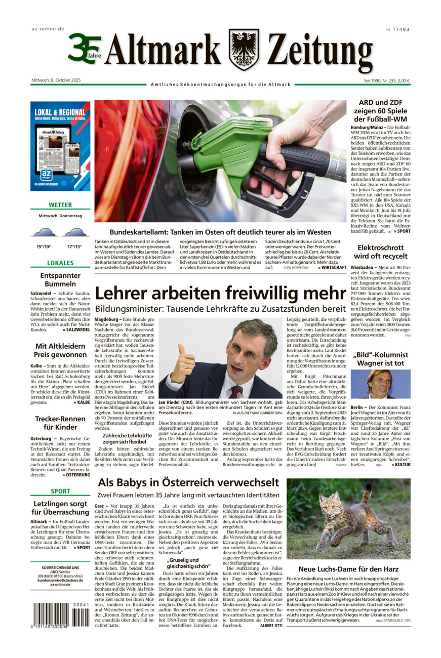Altmark Zeitung vom Mittwoch, 08.10.2025