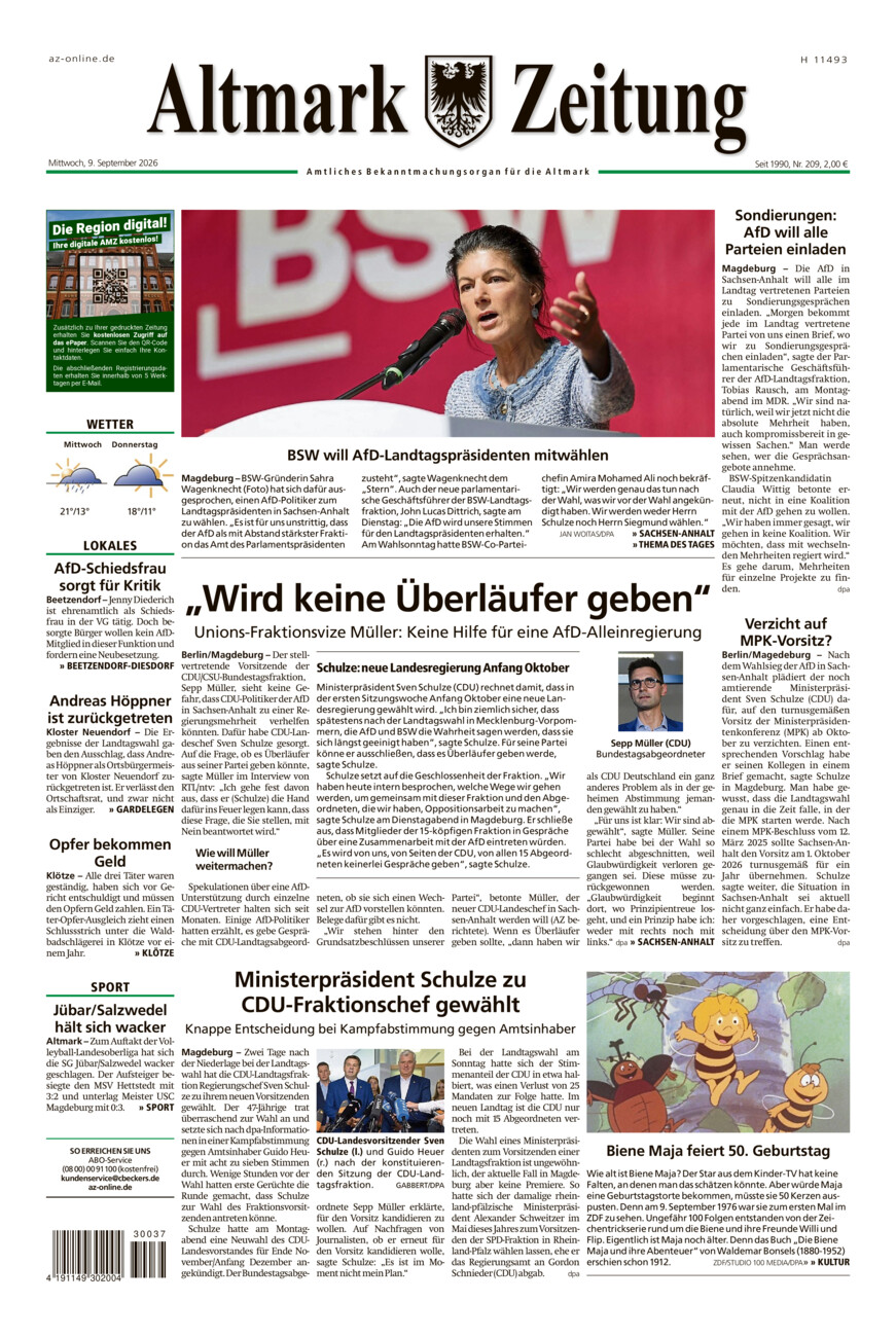 Altmark Zeitung vom Mittwoch, 09.09.2026