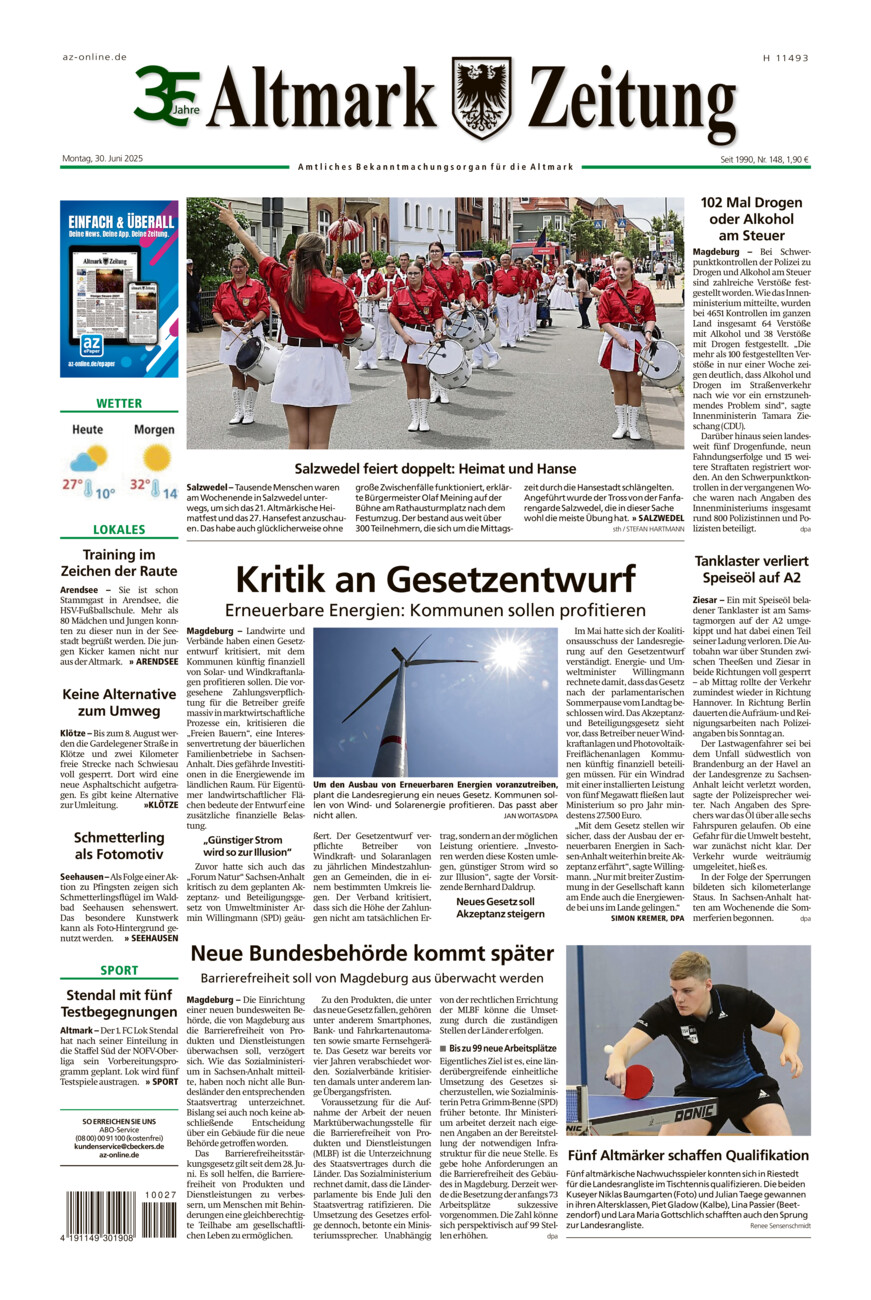 Altmark Zeitung vom Montag, 30.06.2025