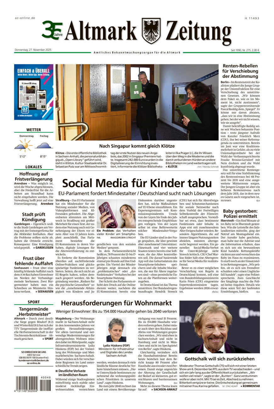 Altmark Zeitung vom Donnerstag, 27.11.2025