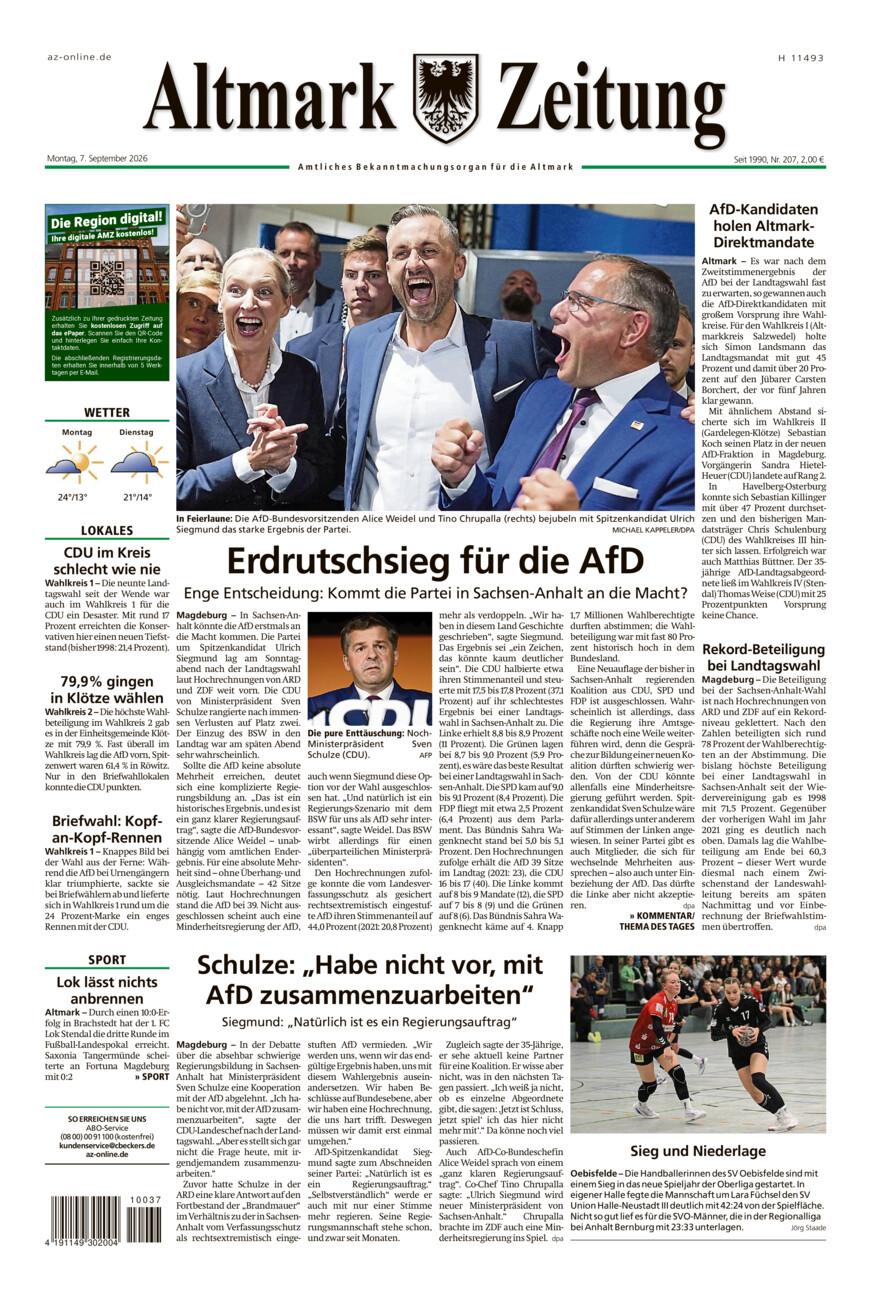 Altmark Zeitung vom Montag, 07.09.2026