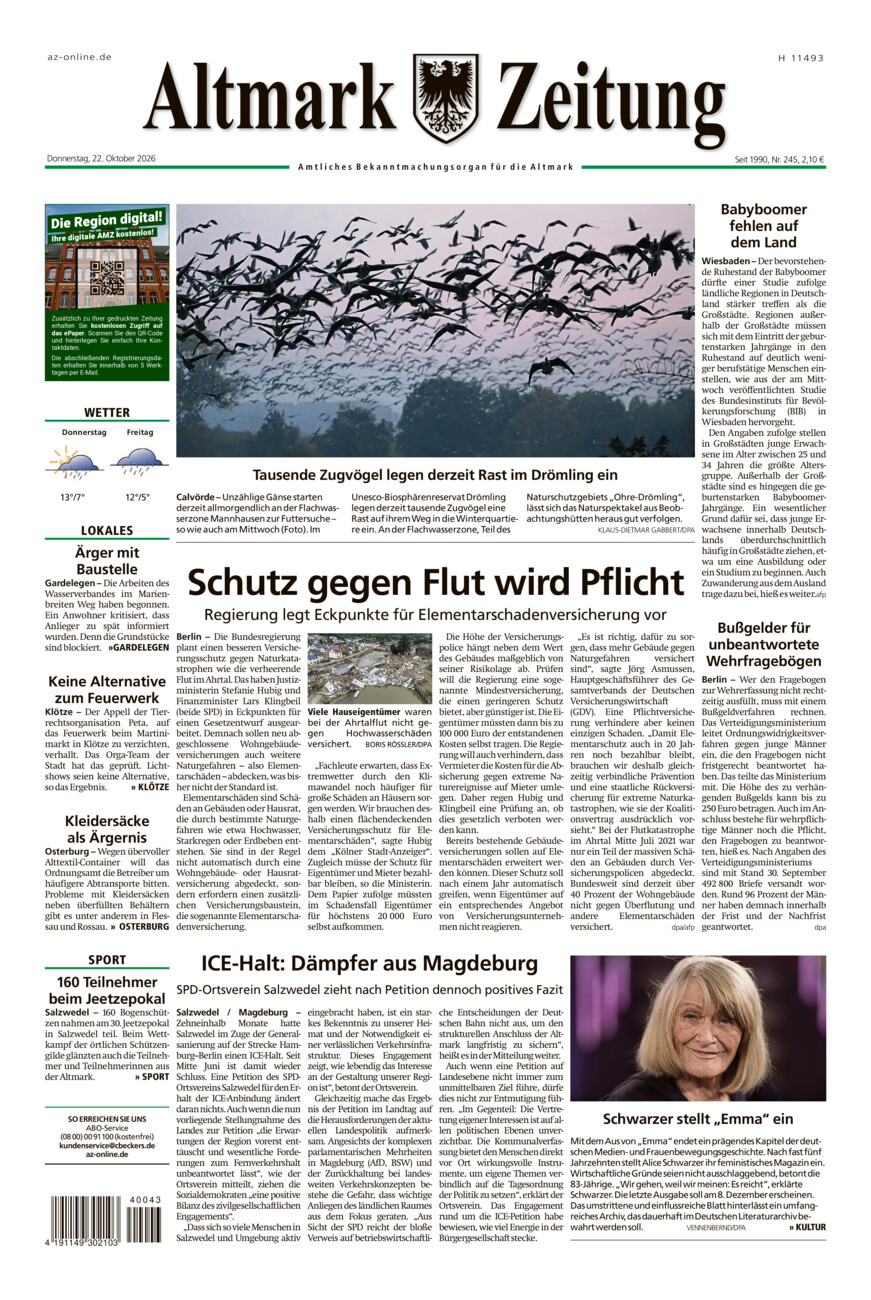 Altmark Zeitung vom Donnerstag, 22.10.2026