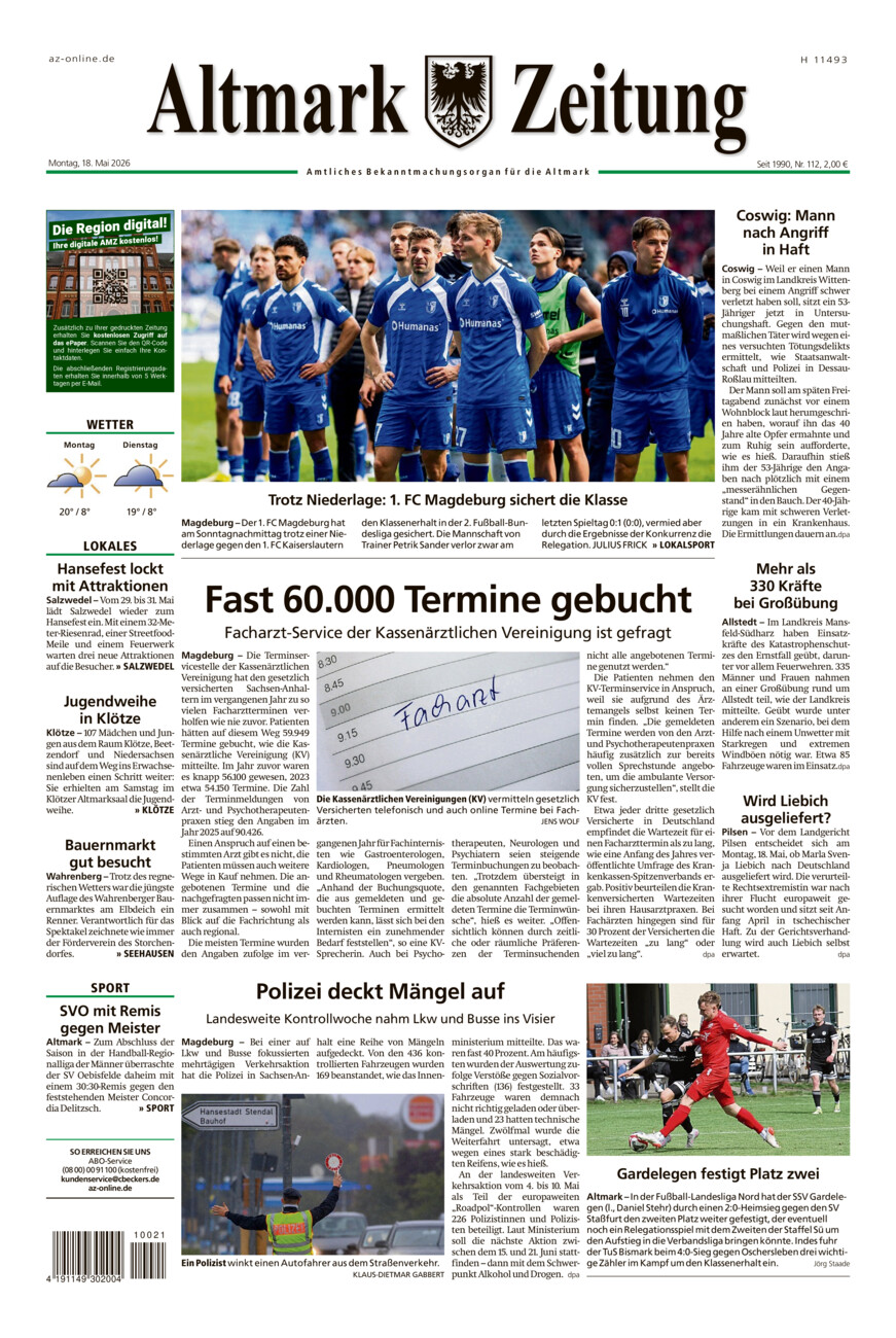 Altmark Zeitung vom Montag, 18.05.2026