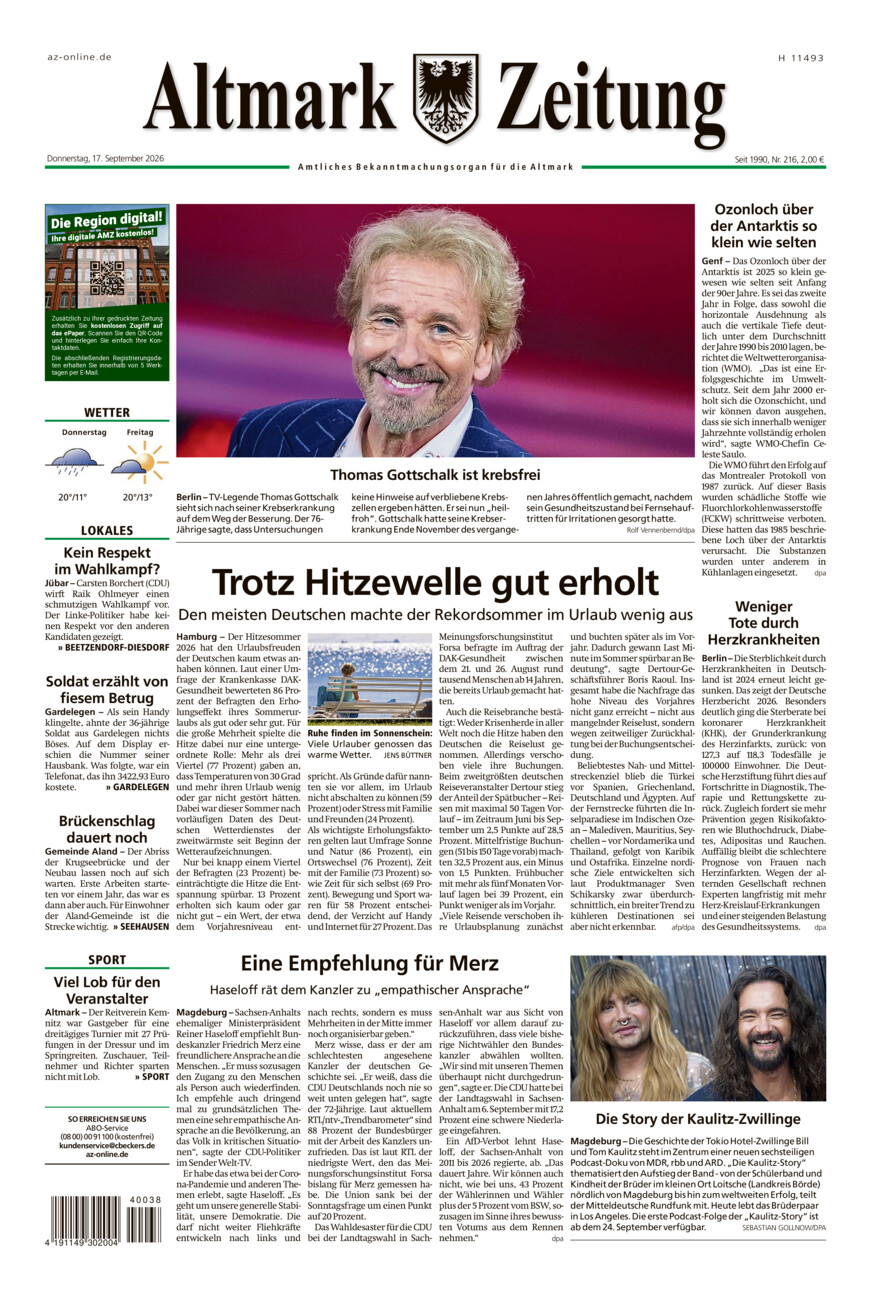 Altmark Zeitung vom Donnerstag, 17.09.2026