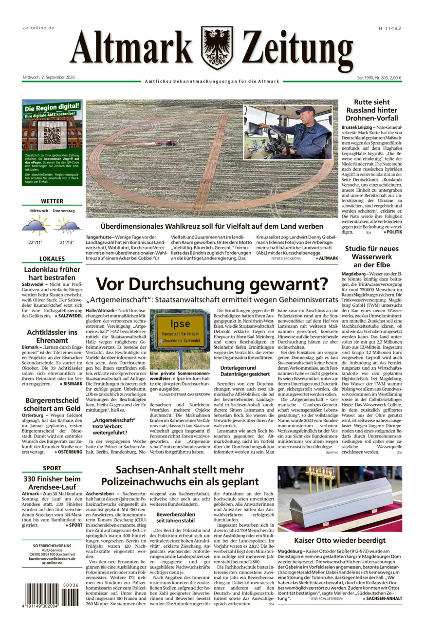 Altmark Zeitung vom Mittwoch, 02.09.2026