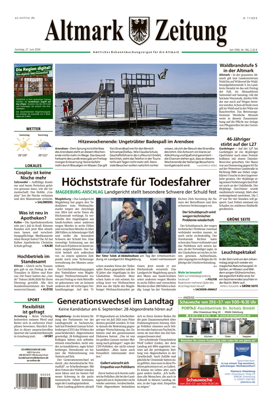 Altmark Zeitung vom Samstag, 27.06.2026