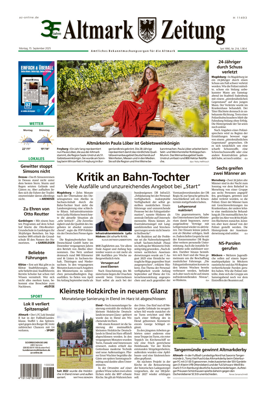 Altmark Zeitung vom Montag, 15.09.2025