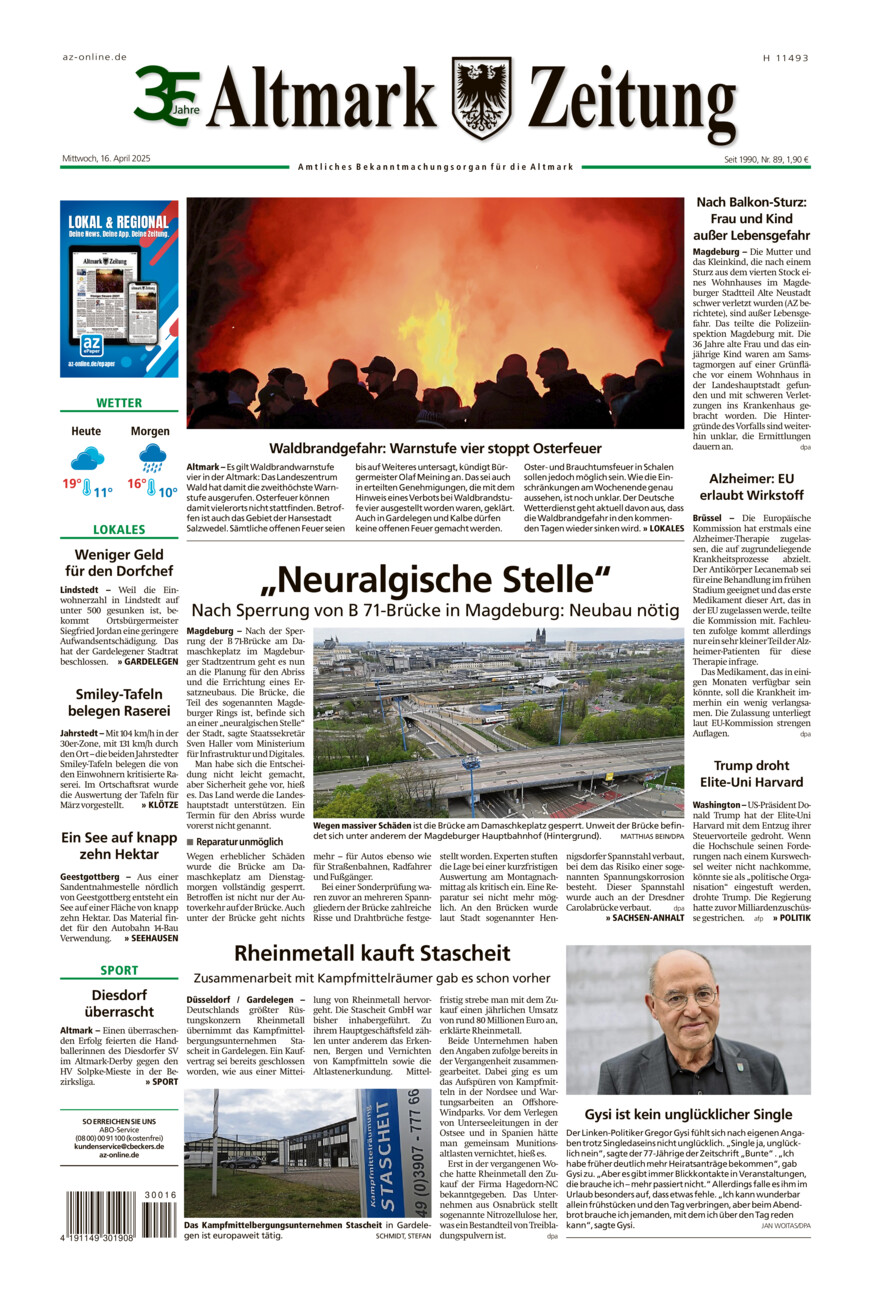 Altmark Zeitung vom Mittwoch, 16.04.2025
