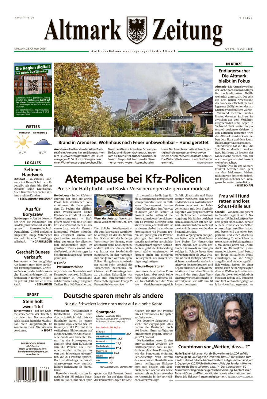 Altmark Zeitung vom Mittwoch, 28.10.2026